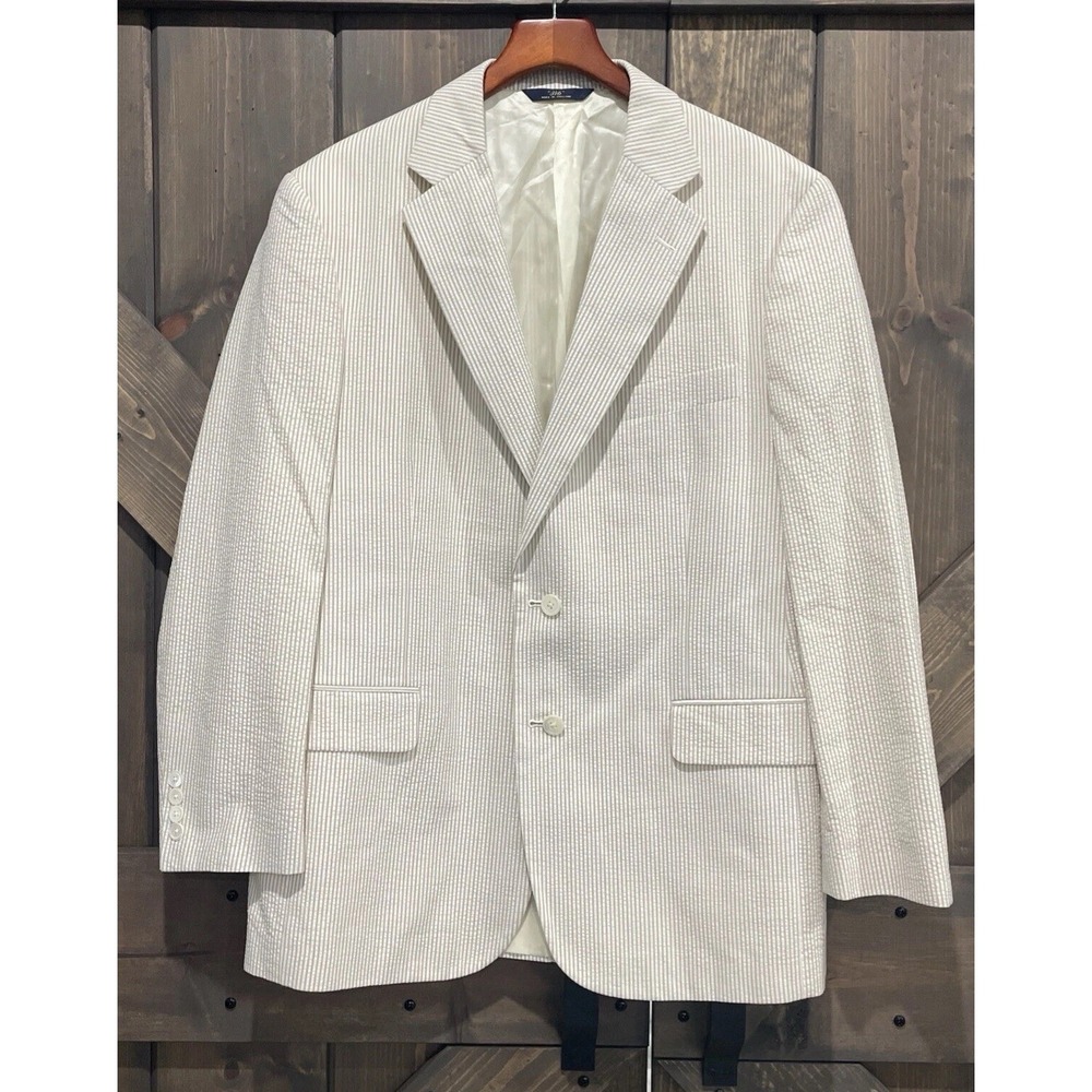 Brooks Brothers Seersucker Luxury Beige & White‎ Striped Summer Jacket 43R 38W